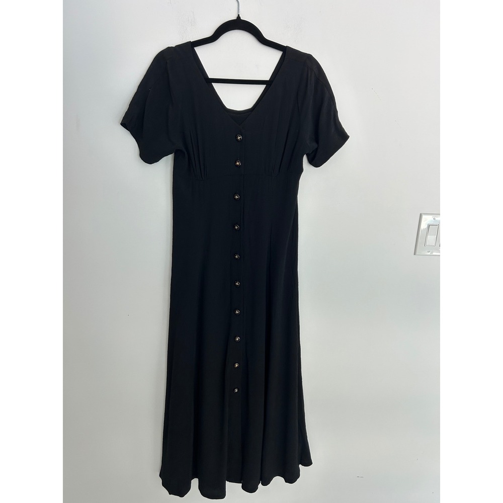 Black‎ Crinkle Textured Button Down Midi Dress Short Sleeve V-Neck A-Line Small